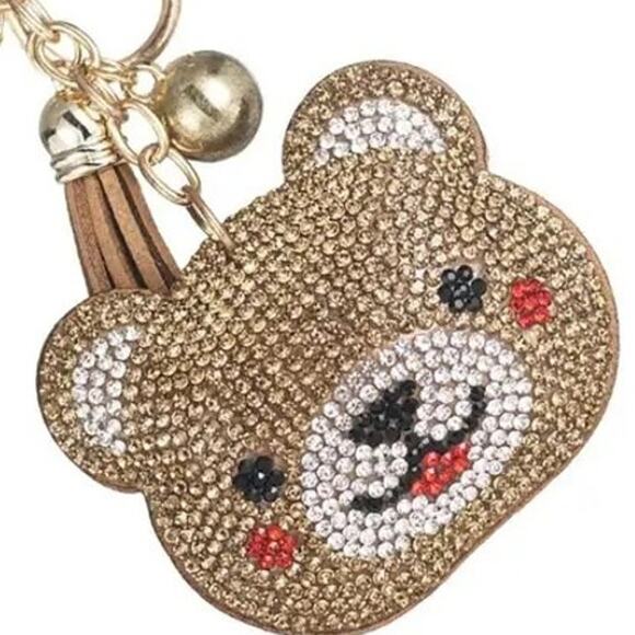 Bling Crystal Teddy Bear Face Tassel Keychain Bag Charm - Picture 2 of 2